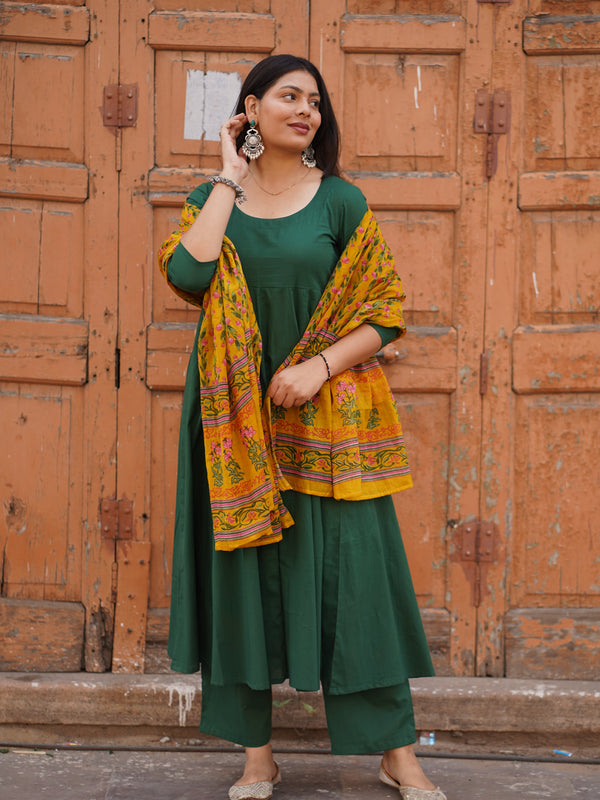 Green Solid Floral Anarkali Suit Set - Jonaya