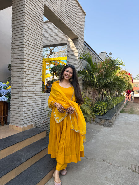 Pure mul cotton haldi anarkali set Jonaya