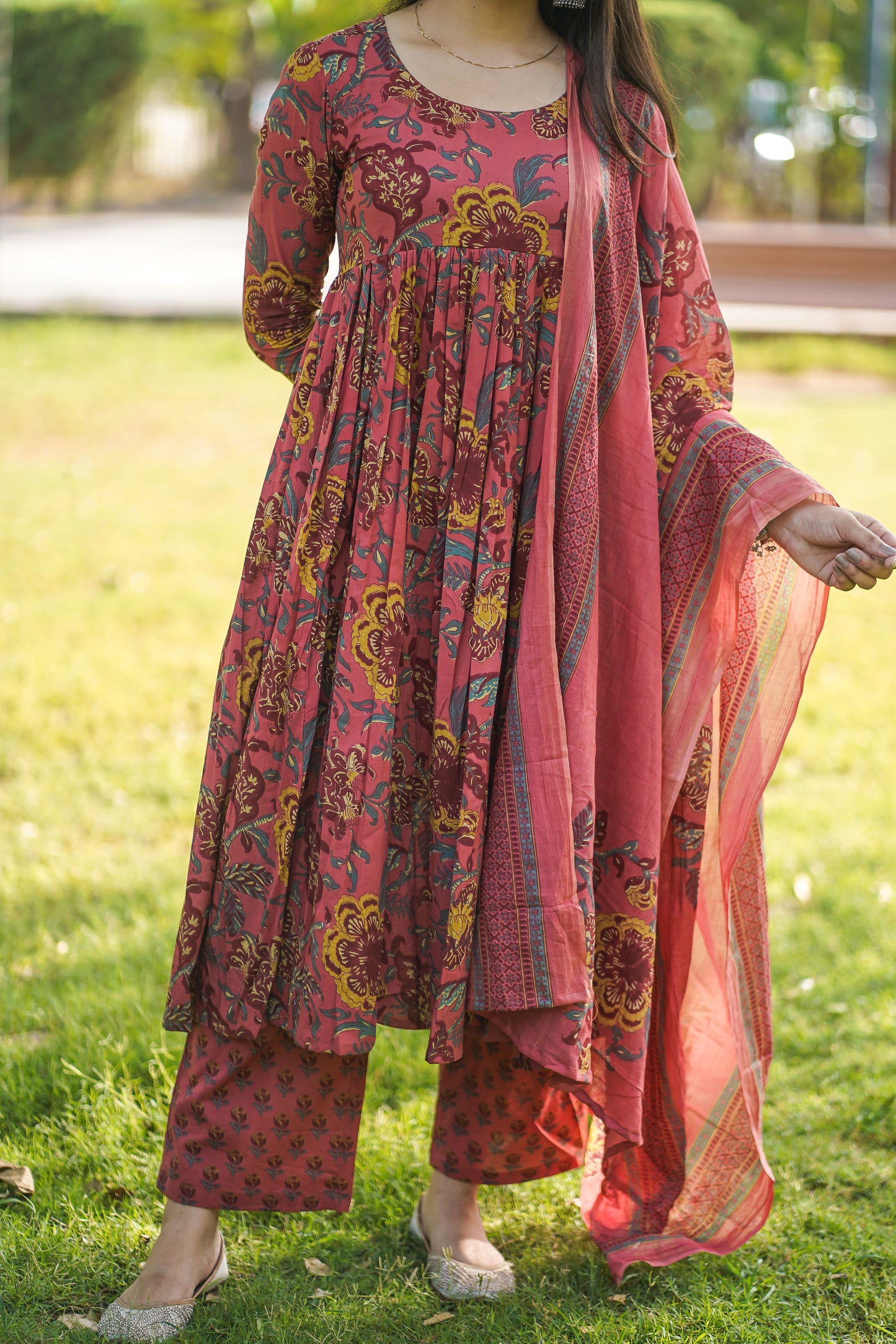 Peach Floral Anarkali suit set