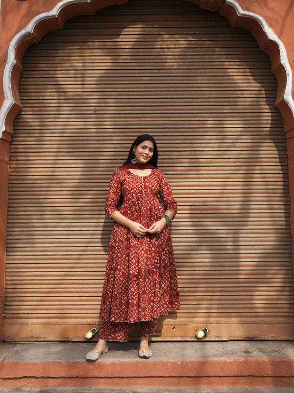 Red Bandhej Anarkali Suit Set - Jonaya