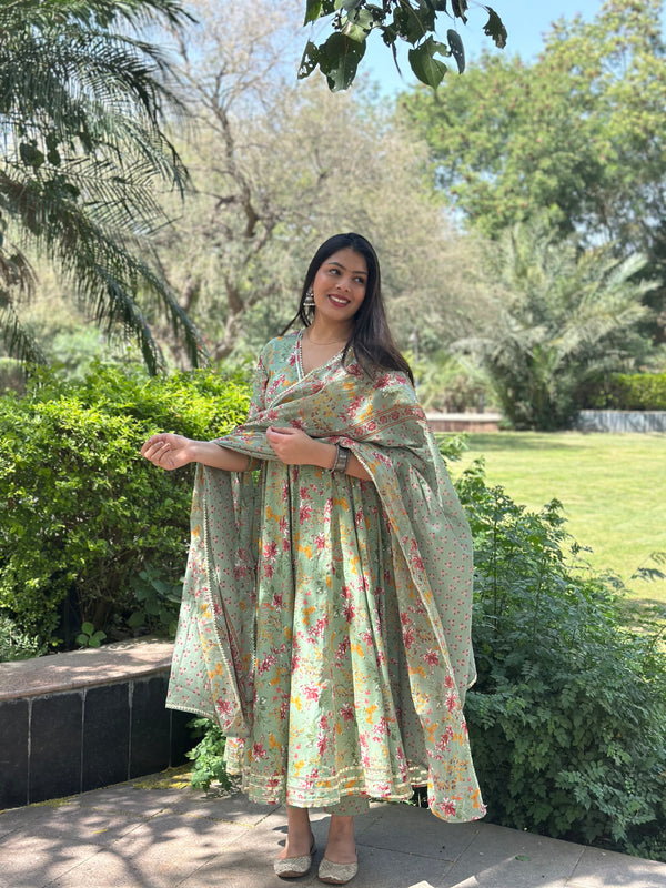 Pista Green Angrakha Gota Lace Anarkali Suit Set - Jonaya