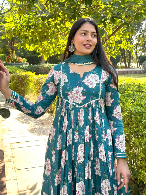 Rama Green Floral Flare Suit Set - Jonaya
