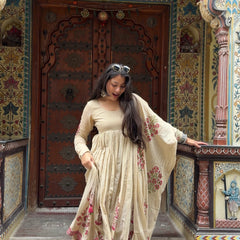 Beige Pink Handblock Anarkali