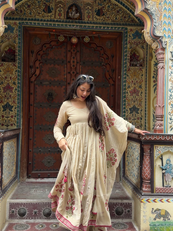 Beige Pink Handblock Anarkali
