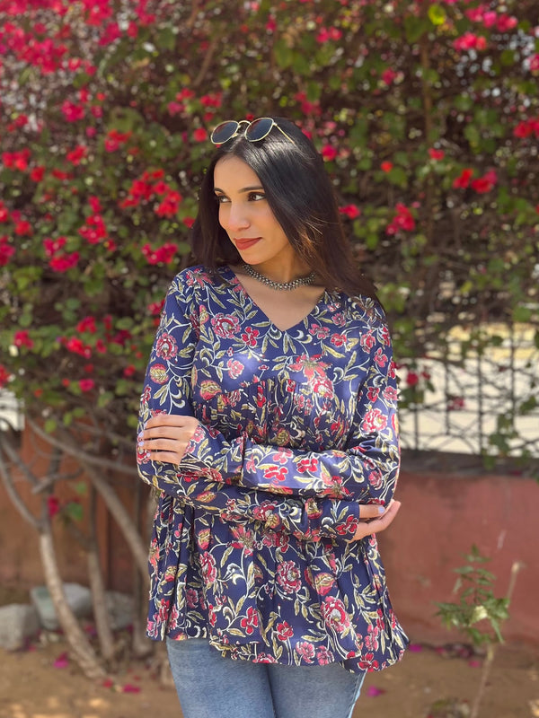 Rosy Indigo Full Sleeves Peplum Top - Jonaya