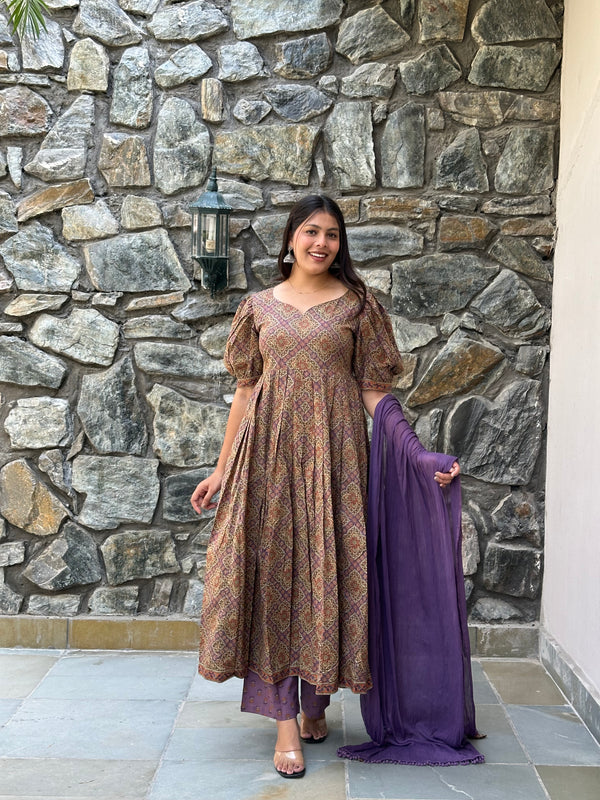 Lavender Beige Flare Suit Set - Jonaya