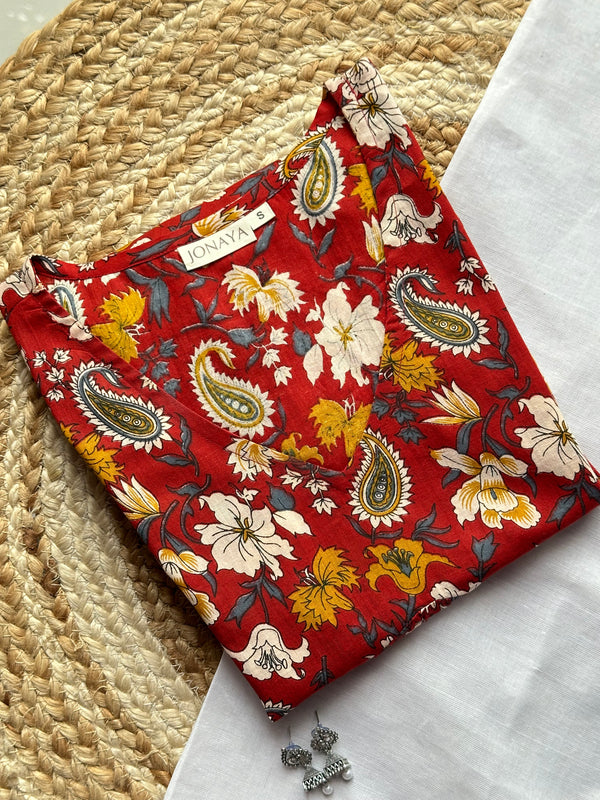 RED Garden Cut Sleeves Peplum Top - Jonaya