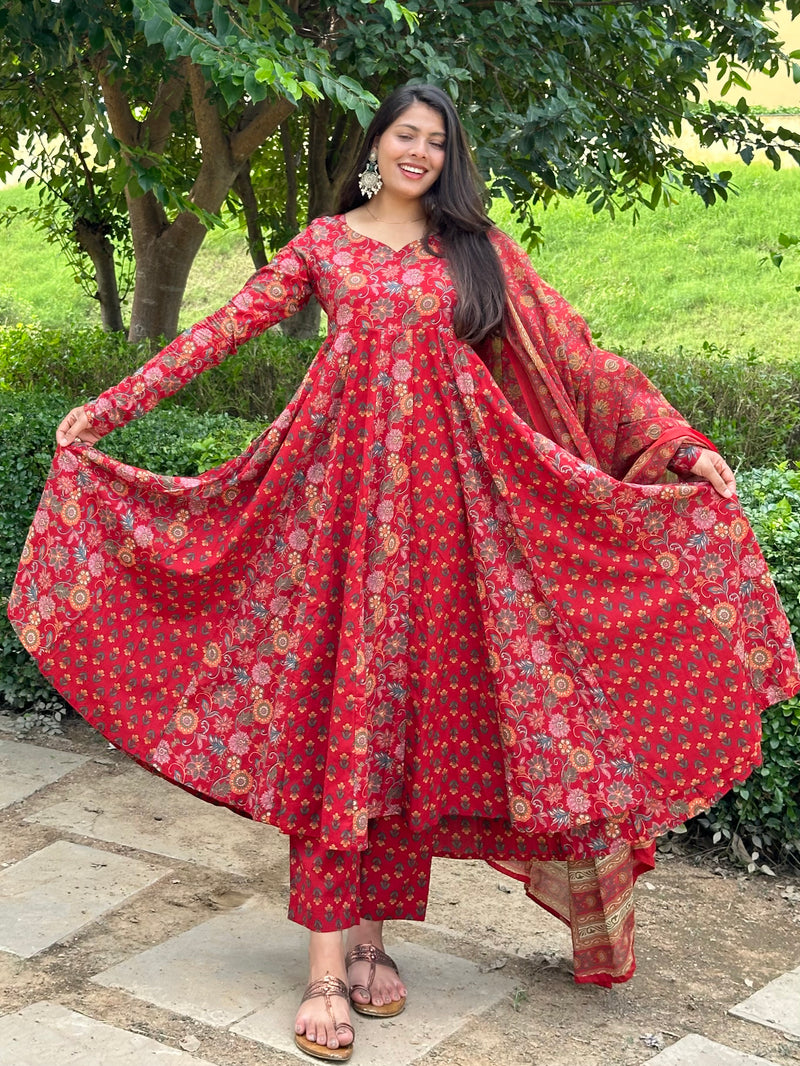 Floral booti Red Anarkali suit set - Jonaya