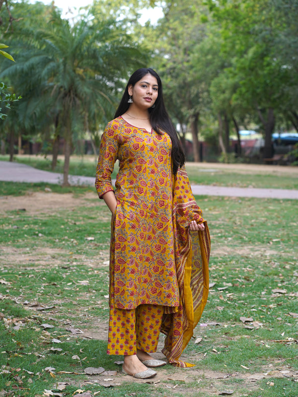 Yellow Red Floral Straight Suit Set - Jonaya