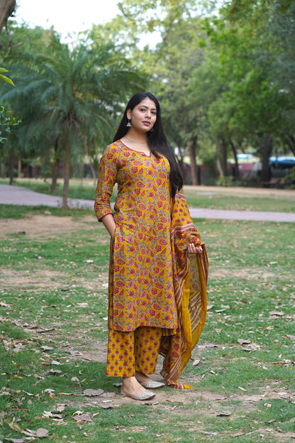Yellow Red Floral Straight Suit Set