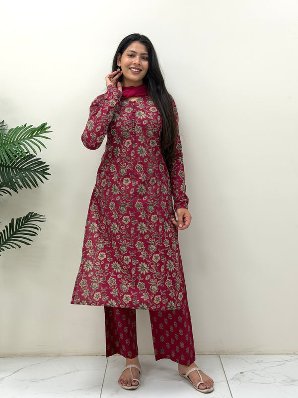 Maroon garden Straight suit set Jonaya
