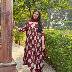 Maroon beige bliss cotton suit set - Jonaya