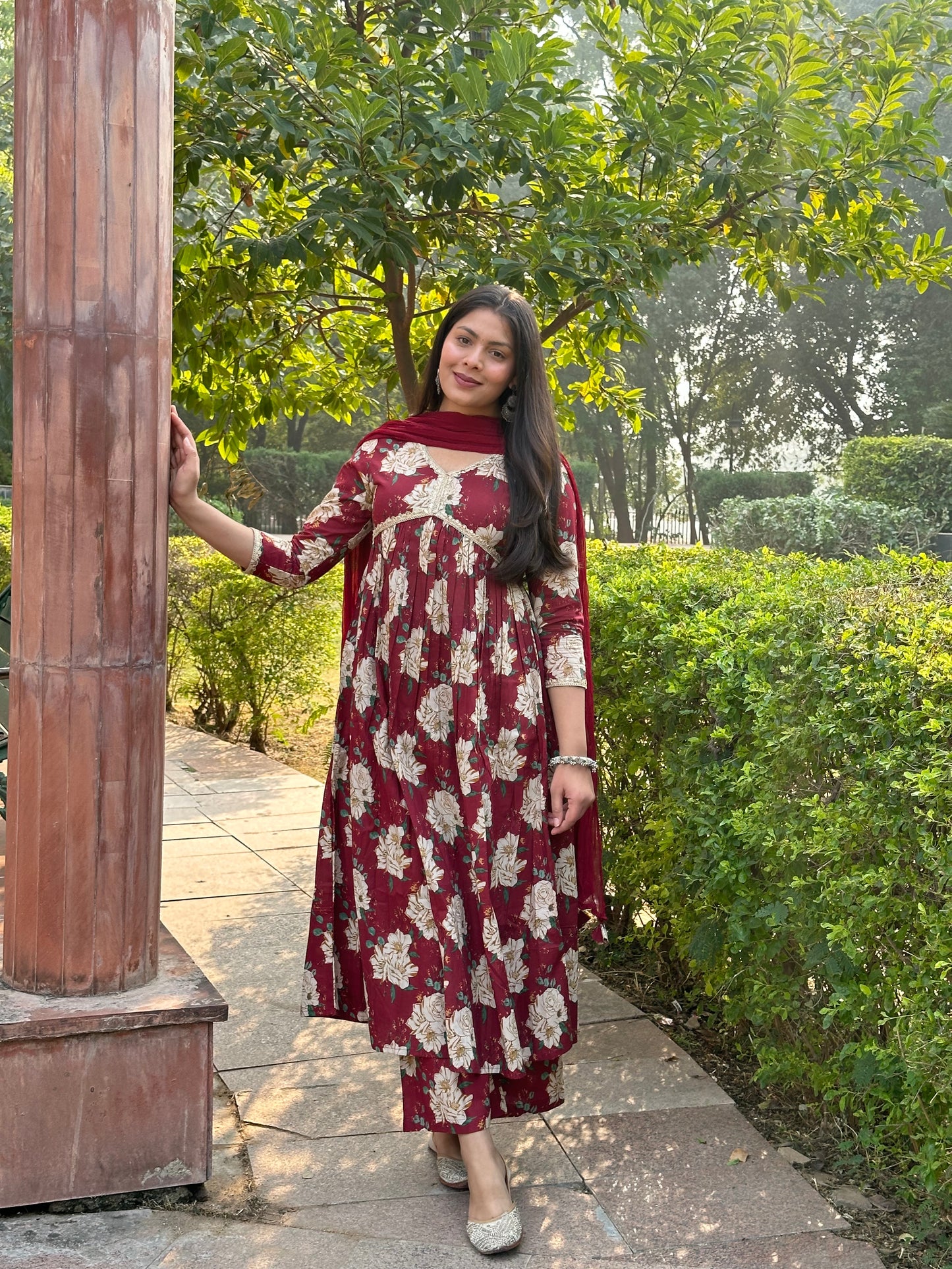 Maroon beige bliss cotton suit set