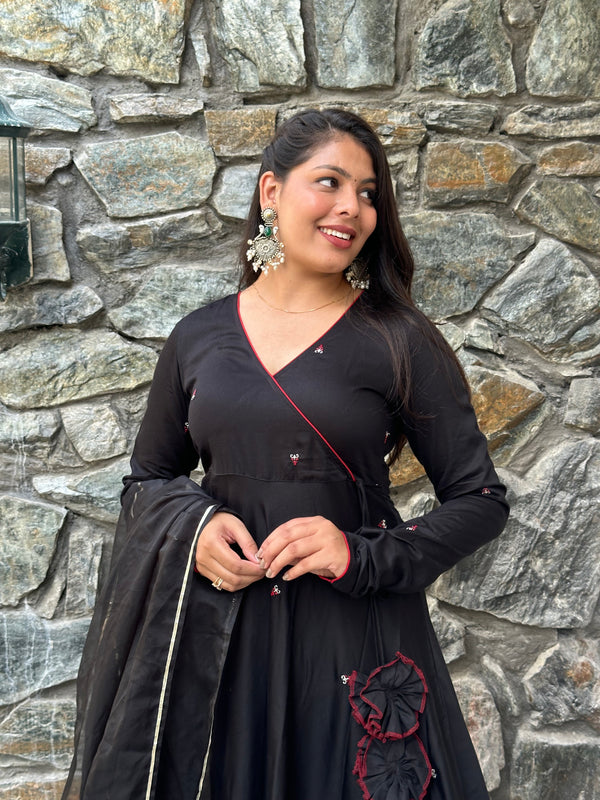 Black Self Embroidered Flare Suit Set - Jonaya