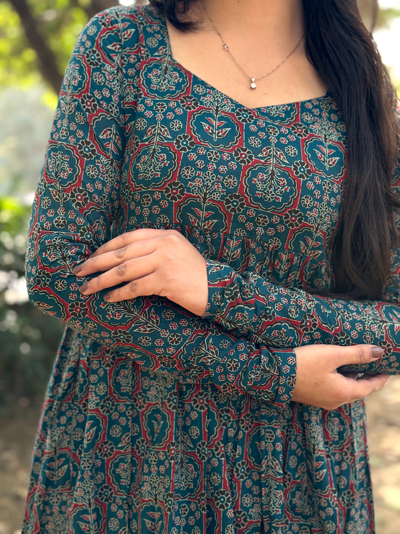 Teal Ajrakh flare kameez Jonaya