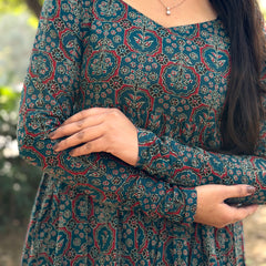 Teal Ajrakh flare kameez Jonaya
