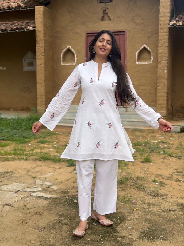 Blossom White Embroidered coord set
