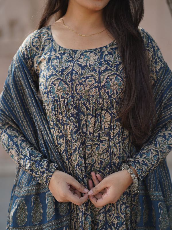 Blue kalamkari anarkali suit set
