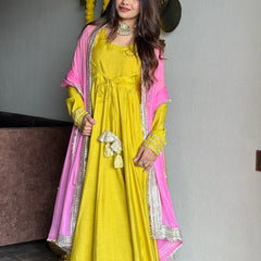 Festive green pink anarkali suit set Jonaya