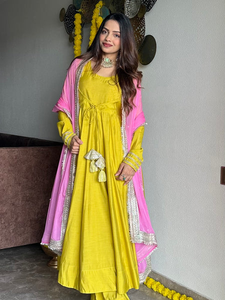 Festive green pink anarkali suit set Jonaya