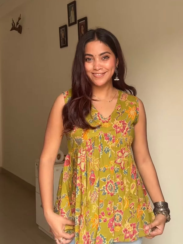 Parrot Green Cut Sleeves Peplum Top - Jonaya