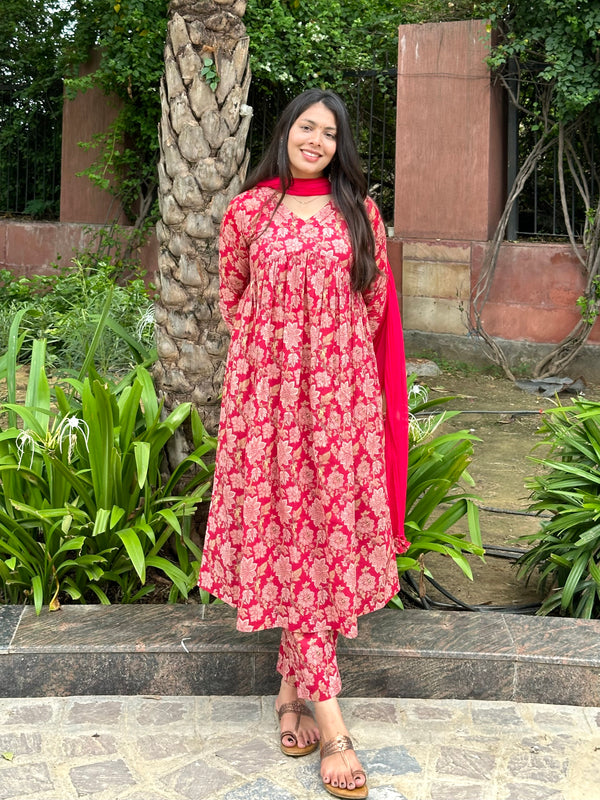 Coral Red Mohini Suit Set - Jonaya