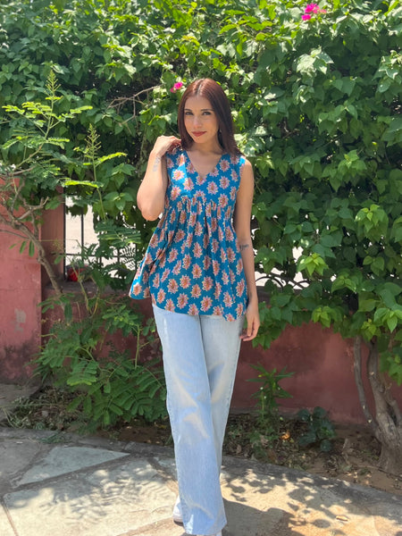 Pestal blue cut sleeves Peplum top - Jonaya