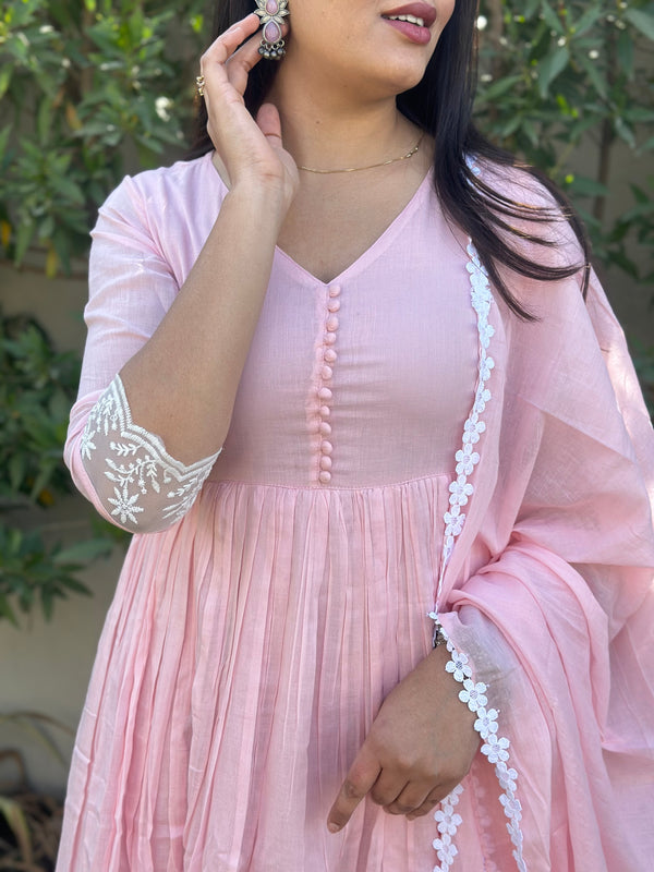 Baby Pink Mul Cotton Flare Suit Set - Jonaya