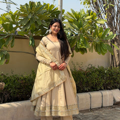 Beige heavy mirror pure organza silk Anarkali set Jonaya