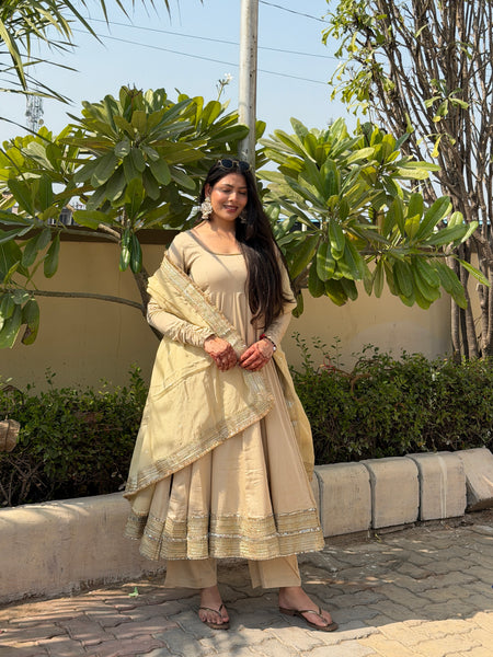 Beige heavy mirror pure organza silk Anarkali set Jonaya