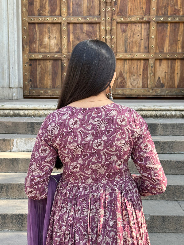 Purple Paisley Cotton Flare Suit Set - Jonaya