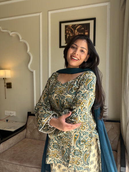 Beige teal garden farshi salwar set Jonaya