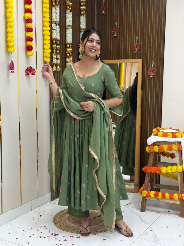 Pista Gulab Embroidery festive Anarkali set Jonaya