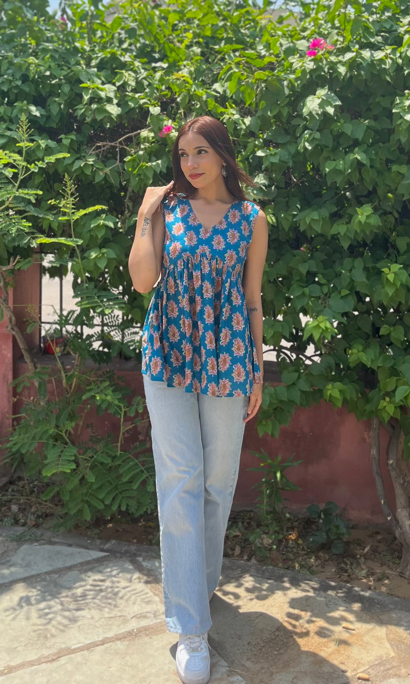 Pestal blue cut sleeves Peplum top - Jonaya