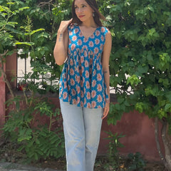 Pestal blue cut sleeves Peplum top - Jonaya