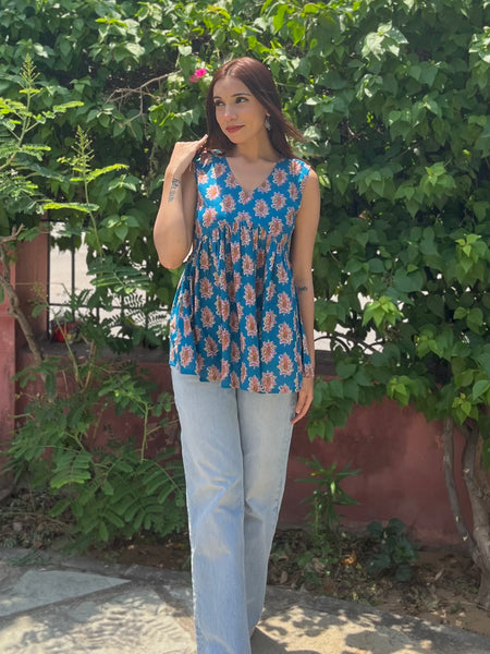 Pestal blue cut sleeves Peplum top - Jonaya