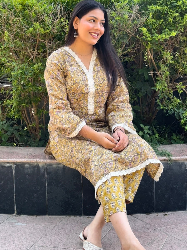 Yellow Pakistani Lace Straight Suit Set - Jonaya