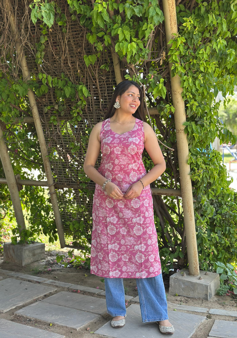Pink white floral straight kameez - Jonaya