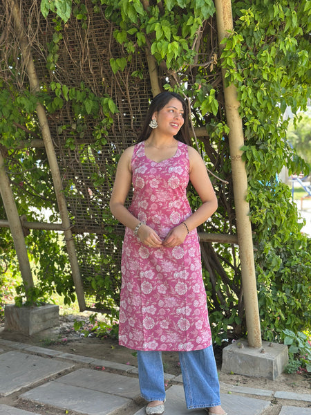 Pink white floral straight kameez - Jonaya