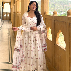 White pink petal handblock flare Anarkali Jonaya