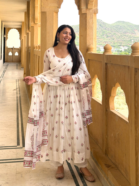 White pink petal handblock flare Anarkali Jonaya