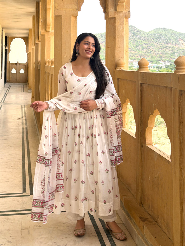 White pink petal handblock flare Anarkali Jonaya