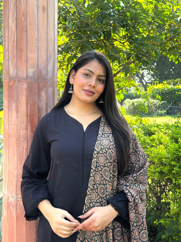 Black Office Solid Ajrakh Straight Suit Set - Jonaya