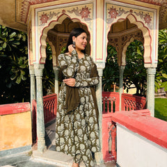 Olive floral Anarkali suit set - Jonaya