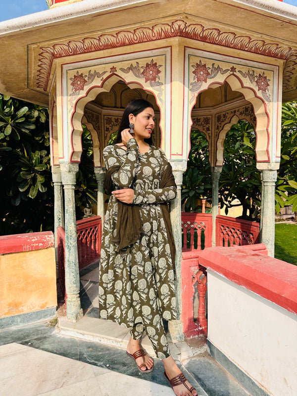 Olive floral Anarkali Suit Set - Jonaya