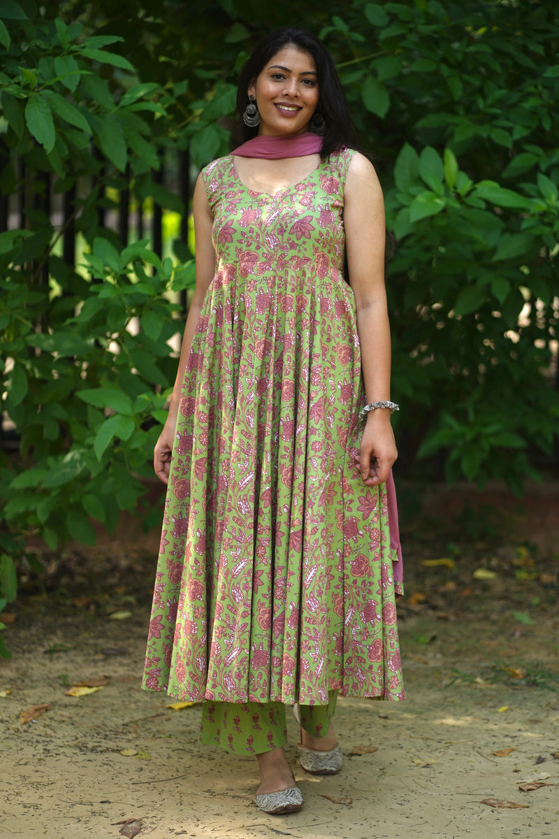 Green Purple floral Anarkali set - Jonaya