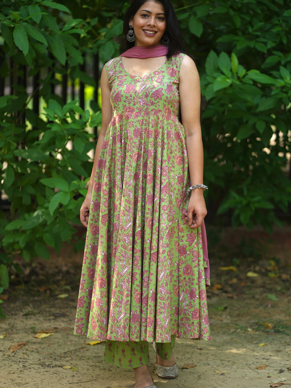 Green Purple floral Anarkali set - Jonaya