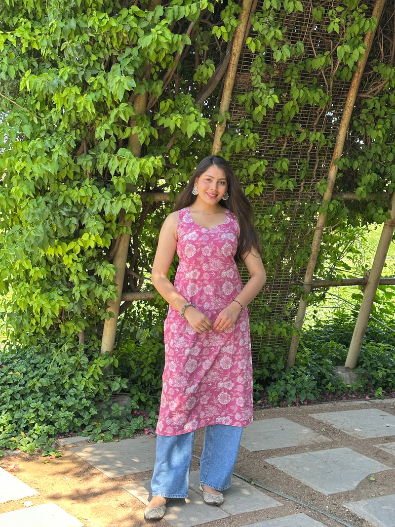 Pink white floral straight kameez - Jonaya