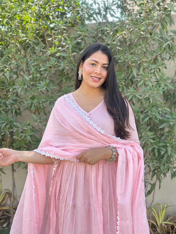 Baby Pink Mul Cotton Flare Suit Set - Jonaya