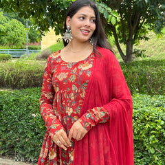 Pretty Red floral Gher suit set - Jonaya